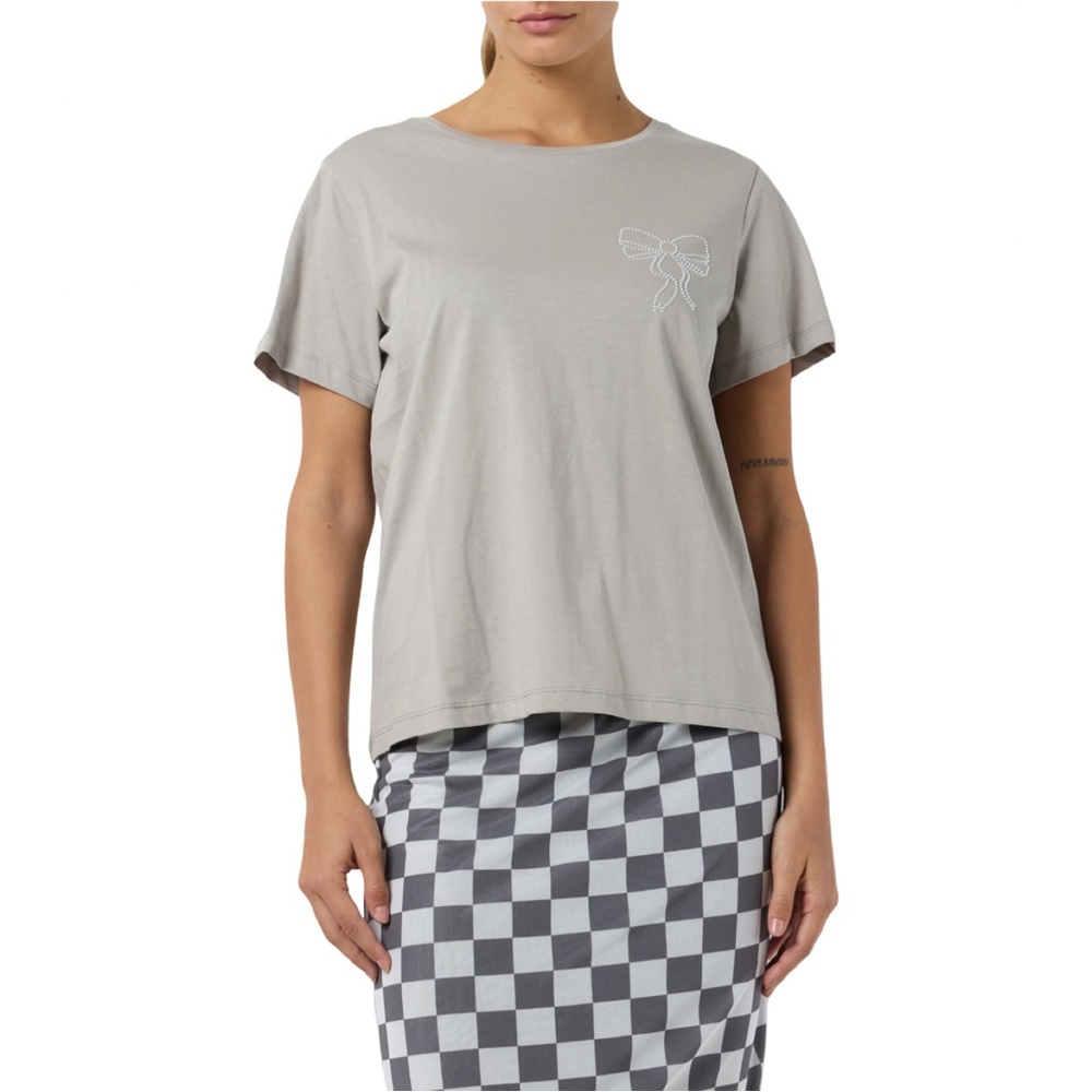 Noisy may Women’s Gray Short Sleeve Tee Embellished Bow Organic Cotton Large NWT